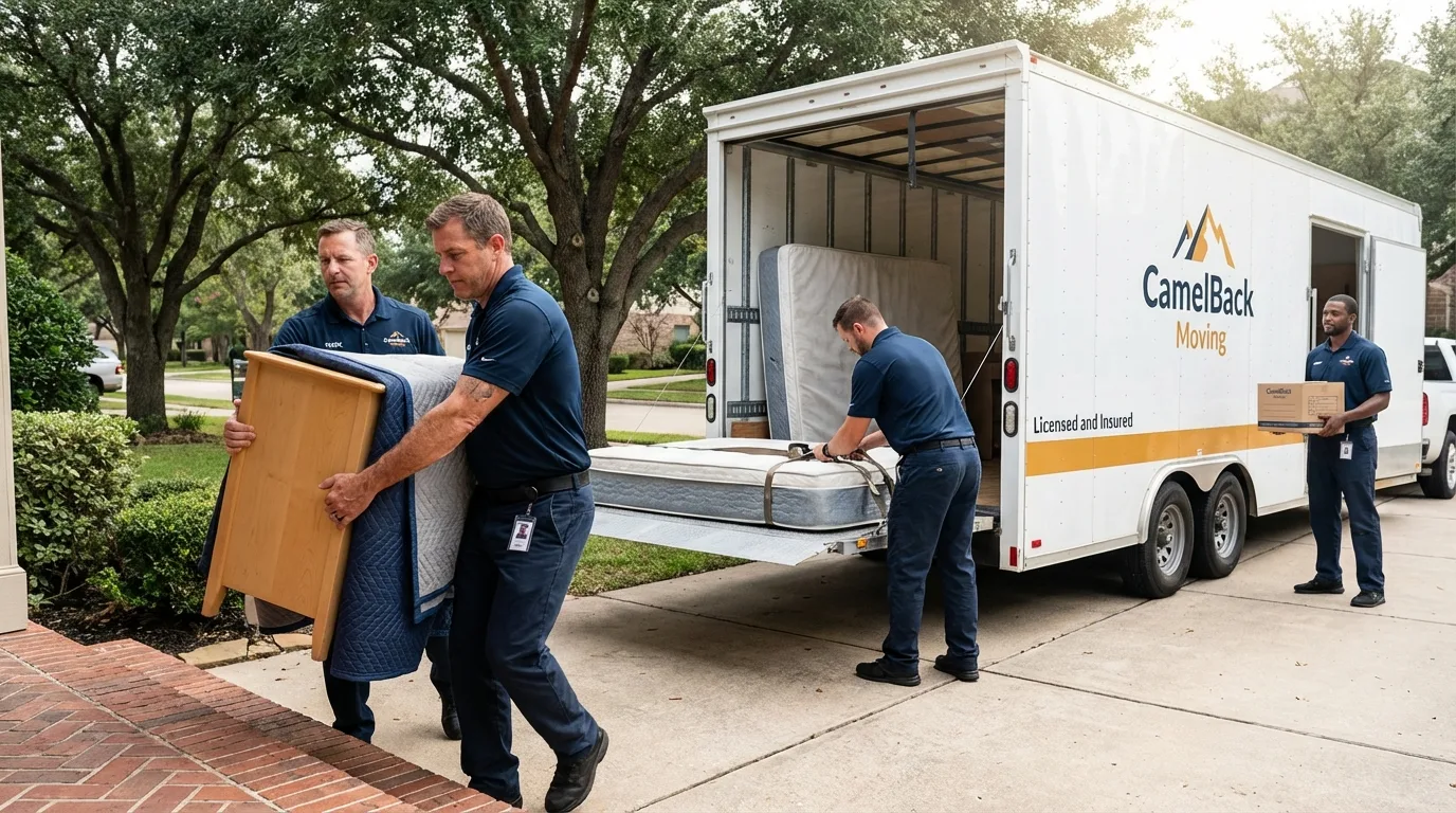 Crew loading residential truck for cross-state move from El Mirage, AZ