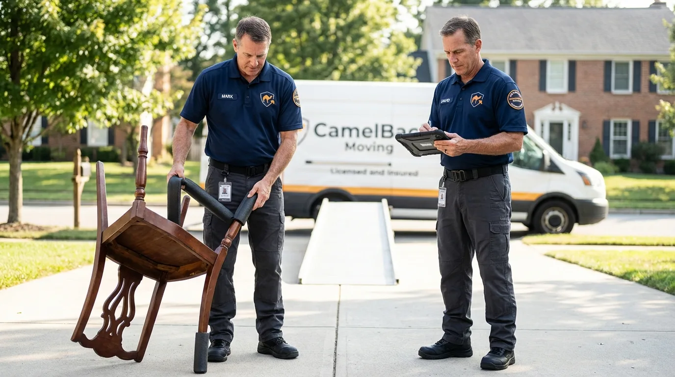 Movers inspecting furniture for damage prevention before loading in El Mirage, AZ